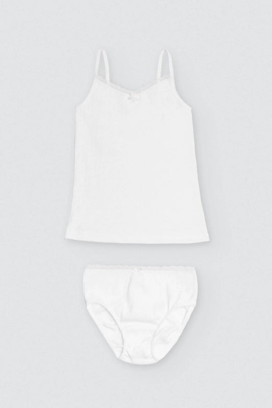 Completo maglietta bianca traforata e slip da bambina